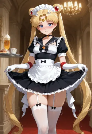 masterpiece, best quality, ultra detailed, highres, absurdres, detailed hentai illustration, anime style, expressive eyes, clean linework, vibrant colors, sailor moon, tsukino usagi, 20 years old adult woman, petite slim figure, small breasts, narrow hips, slim waist, long slender legs, fair skin, blonde hair in odango buns with long flowing pigtails, blue eyes, golden tiara with red gem, wearing sexy maid costume — black dress with white frilly apron, deep cleavage, very short black skirt with white trim, white thighhigh stockings with garter, white maid headpiece, black high heels, standing gracefully in elegant pose holding silver serving tray with both hands, short skirt slightly lifted by movement, guilty apologetic expression, big sad puppy eyes looking down and sideways, heavy blush, slightly trembling lips, embarrassed smile, soft warm indoor lighting, luxurious bedroom background, cinematic lighting, sharp focus, intricate details, (small breasts:1.25), (narrow hips:1.2), (maid outfit:1.15), aausagi, long, hair, double, bun, twintails, parted, bangs, tiara, earrings, blue, eyes, red, choker, sailor, collar, bow, white, shirt, elbow, gloves, skirt, ornament, heart, see-through, multicolored, forehead, mark, wings, brooch, puffy, short, sleeves, yellow, layered, <lora:sailor_moon_animaginexl_v1:.8>