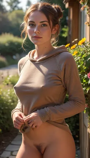 35 year old woman wearing a light weight brown hoodie dress, (((extreme close up view))), sleeves rolled up, standing in a cottage Garden, there quarter view, golden sunset light illuminates her, small unsupported breasts, weight is on one leg, perfect eyes, athletic figure, muscular ass, toned legs, petite, short, shot from above, arched back, good posture, her weight is on one hip, auburn hair, light freckles, tanned, wide hips, hands in pockets, hair intern a loose bun, ((Ultimate realistic photo details)), (((dynamic sexy pose))), (((bright sunlight))), detailxl, ashlynn_spektre_xl, braless, Wearing, clothes, that, make, sense, with, Braless>, <lora:MJ52:.8>, <lora:Detailed_female_hands-000001:1.8>, <lora:()Ashlynn Spektre XL:.8>, <lora:bralessSDXL_v1_00022:.8>, skirtlift, <lora:skirtlift_xl:.8>