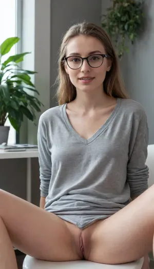 legal age woman, sitting, spread legs, showing crotch, pussy, vagina, clitoris, BREAK
Lazy chair, wearing oversized shirt, eyewear, white shocks, BREAK
Fresh beauty, straight hair, strands, smooth, cute face, excellent smile, BREAK
In a minimalist rest room, white desk, plants, gray wall, BREAK
Candid moment captured with IPhone, Rembrandt lighting, eye level, front view, cool tones, BREAK