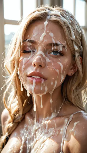 Excessive cum everywhere, cum over eye, bukkake, massive amounts of cum on face, cum on eye, cum covering eye, cum on eyebrow, One eye closed, background Windows, blonde bouffant hairstyle
