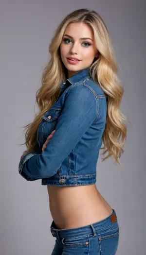 fashion model very tall women, 22 years, cute beautiful face, very large lips, beautiful green large eyes, beautiful long nose, very long blonde brown straight hair with very long extensions, athletic body, 1.89 meters, strong, big natural round perfect tits with perfect sexy erected nipples, smile, laught, wearing neck chocker, wearing Crop dark blue Denim Jacket with very long sleeve, wearing tight long jeans, wearing sexy bimbo belt, seductive, realistic, show entire body from kneel to head