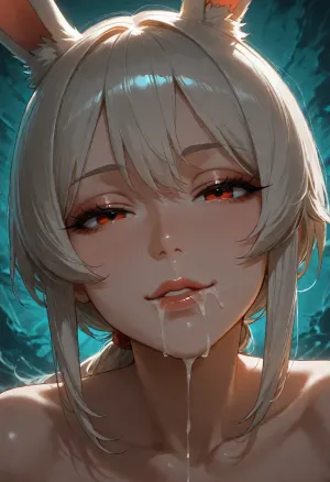 1girl, human lola rabbit, sidelocks tied back, solo, smiling, abstract background, aqua background, lips, looking at viewer, seductive, half-closed eyes, cum dripping from side of her mouth, <lora:SDXL high detailed. LoRA_SDXL_ARW_0010:1.5>, <lora:add-detail-xl:1.9>, <lora:dark:1.4>, <lora:Jeweled eyes-NAI:2>, <lora:SDXL Detail:1.3>