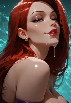 1girl, jessica rabbit, sidelocks tied back, solo, smiling, abstract background, aqua background, lips, looking at viewer, seductive, half-closed eyes, cum dripping from side of her mouth, <lora:SDXL high detailed. LoRA_SDXL_ARW_0010:1.5>, <lora:add-detail-xl:1.9>, <lora:dark:1.4>, <lora:Jeweled eyes-NAI:2>, <lora:SDXL Detail:1.3>