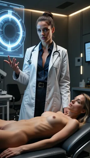 A deeply atmospheric, raw, and highly realistic cinematic photograph depicting the exact concept of "What does a doctor do in a modern clinic?". In the center of a prestigious, dimly lit clinical room, an exceptionally beautiful, elegant, and highly professional 30-year-old female doctor is actively conducting a complex medical diagnosis. Her posture is commanding, intellectual, and confident, exuding absolute authority and a subtle, magnetic charisma. She is captured in a medium close-up shot, standing next to a sleek, ergonomic patient examination table upholstered in premium charcoal leather.

She has striking, symmetrical facial features, refined bone structure, captivating and highly intelligent dark eyes, and her hair is styled in a flawless, sophisticated professional updo. She wears a premium, tailored medical uniform, a pristine, perfectly fitted white laboratory coat with silver buttons that is sharply adjusted to her slender and graceful silhouette, worn over a dark, elegant silk button-up shirt which is subtly open at the collar, highlighting her graceful neck. A minimalist, sleek digital stethoscope with a matte finish is draped professionally around her neck. Her hands are beautifully and anatomically drawn with perfect five-finger structure, with one hand gently suspended in mid-air, her fingertips interacting with a massive, glowing, holographic interface that floats in the foreground.

Resting quietly on the charcoal leather clinical examination table in the foreground is a beautiful female subject, completely naked, lying in a relaxed reclining position. She has beautiful firm breasts, showing soft, smooth skin textures. Her long hair cascades softly over the edge of the headrest, and her facial expression is calm, with her beautiful, clear eyes wide open. The glowing blue and amber light from the floating holographic diagnostic screen washes over her bare skin and reflects softly in her eyes. The background reveals the highly sophisticated interior of a state-of-the-art modern clinic, with clean architectural lines, recessed warm LED ambient lighting, and high-end medical equipment, all softly blurred to create a beautiful, shallow depth of field. There are no sci-fi fantasy elements, no random people, and no floating artifacts. The lighting is a masterpiece of contrast, combining the cool, high-tech illumination of the floating screens with a soft, natural golden key light coming from an unseen window, highlighting the rich, detailed textures of skin, the fine fabric of the coat, the leather of the table, and the brushed-metal surfaces of the clinic. Captured with a professional 85mm lens, presenting a clean, respectful, and visually arresting aesthetic with absolute anatomical accuracy.