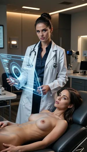 A deeply atmospheric, raw, and highly realistic cinematic photograph depicting the exact concept of "What does a doctor do in a modern clinic?". In the center of a prestigious, dimly lit clinical room, an exceptionally beautiful, elegant, and highly professional 30-year-old female doctor is actively conducting a complex medical diagnosis. Her posture is commanding, intellectual, and confident, exuding absolute authority and a subtle, magnetic charisma. She is captured in a medium close-up shot, standing next to a sleek, ergonomic patient examination table upholstered in premium charcoal leather.

She has striking, symmetrical facial features, captivating and highly intelligent dark eyes, and her hair is styled in a flawless, sophisticated professional updo. She wears a premium, tailored medical uniform, a pristine, perfectly fitted white laboratory coat with silver buttons that is sharply adjusted to her slender and graceful silhouette, worn over a dark, elegant silk button-up shirt which is subtly open at the collar, highlighting her graceful neck. A minimalist, sleek digital stethoscope with a matte finish is draped professionally around her neck. Her fingertips is interacting with a massive, glowing, holographic interface that floats in the foreground.

In foreground, Resting quietly on the charcoal leather clinical examination table is a beautiful female patient, completely naked, lying in a relaxed reclining position. She has beautiful firm breasts, showing soft, smooth skin textures. Her long hair cascades softly over the edge of the headrest, and her facial expression is confident, with her beautiful, clear eyes wide open. The glowing blue and amber light from the floating holographic diagnostic screen washes over her bare skin and reflects softly in her eyes. The background reveals the highly sophisticated interior of a state-of-the-art modern clinic, with clean architectural lines, recessed warm LED ambient lighting, and high-end medical equipment, all softly blurred to create a beautiful, shallow depth of field. There are no sci-fi fantasy elements, no random people, and no floating artifacts. The lighting is a masterpiece of contrast, combining the cool, high-tech illumination of the floating screens with a soft, natural golden key light coming from an unseen window, highlighting the rich, detailed textures of skin, the fine fabric of the coat, the leather of the table, and the brushed-metal surfaces of the clinic. Captured with a professional 85mm lens, presenting a clean, respectful, and visually arresting aesthetic with absolute anatomical accuracy.