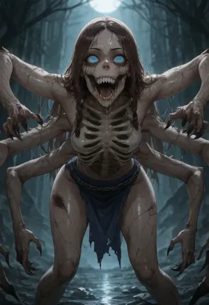masterpiece, best quality, absurdres, highres, ultra-detailed, intricate details, sharp focus, dark grotesque horror anime style, cinematic lighting, 1girl, solo, 20 year old Katara transformed into grotesque zombie monster, long dark brown hair matted and falling out in clumps, glowing sickly blue eyes with black veins, pale greenish-gray rotting skin with large decay patches and exposed bones, twisted delicate feminine features into horrific snarl, sharp jagged teeth, black saliva dripping, petite slender athletic figure heavily corrupted and mutated, small breasts with exposed ribcage in places, narrow hips, multiple mutations, extra skeletal arms growing from back and shoulders, long razor-sharp bone claws on hands and extra limbs, protruding bone spikes along spine and arms, elongated deformed legs, patches of dark fur and scales mixed with rotting flesh, wearing completely shredded and fused bloody remnants of Water Tribe clothing, rags of blue fabric stuck to rotting skin, broken bone jewelry and chains embedded in flesh, torn skirt barely hanging, exposed decayed body, grotesque menacing pose, standing hunched forward with multiple arms outstretched, main arms with claws reaching toward viewer, extra limbs writhing behind, head tilted unnaturally, mouth wide open in roar, aggressive monstrous hunger expression, dark abandoned ruined Water Tribe village at midnight, broken ice structures, thick fog, moonlight illuminating decay, scattered bones and frozen blood, eerie blue-green glow, volumetric fog and dramatic shadows, (extreme grotesque mutations:1.4), (long sharp bone claws:1.35), (protruding bone spikes and extra limbs:1.4), (heavily decayed rotting skin and exposed bones:1.35), (monstrous twisted Katara face:1.3), (glowing infected eyes:1.3), dripping black ichor, horror atmosphere, depth of field, cinematic dread