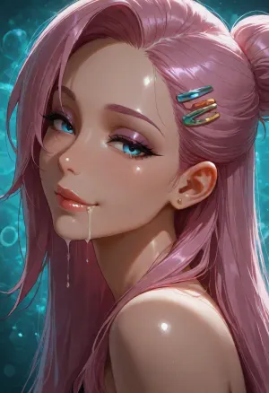 1girl, seraphine from KDA, hairclip, sidelocks tied back, solo, smiling, abstract background, aqua background, lips, looking at viewer, seductive, half-closed eyes, cum dripping from side of her mouth, <lora:SDXL high detailed. LoRA_SDXL_ARW_0010:1.5>, <lora:add-detail-xl:1.9>, <lora:dark:1.4>, <lora:Jeweled eyes-NAI:2>, <lora:SDXL Detail:1.3>