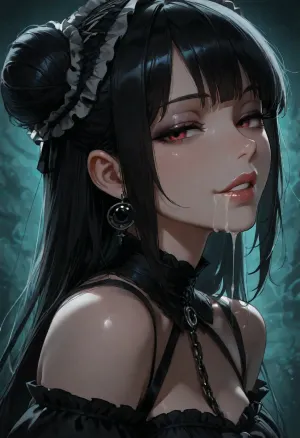 1girl, pastel gothic, sidelocks tied back, solo, smiling, abstract background, aqua background, lips, looking at viewer, seductive, half-closed eyes, cum dripping from side of her mouth, <lora:SDXL high detailed. LoRA_SDXL_ARW_0010:1.5>, <lora:add-detail-xl:1.9>, <lora:dark:1.4>, <lora:Jeweled eyes-NAI:2>, <lora:SDXL Detail:1.3>