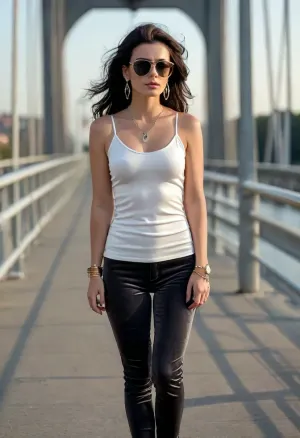 (masterpiece, best quality:1.2), 1 czech 30yo woman, female singer in a video clip, (she wears a white camisole, tight dark grey velvet leggings and high heels:1.4), outdoors on the pedestrian walkway of a cable-stayed bridge, long straight raven-black hair, (styled with jewelry, earrings, bangles, mirrored sunglasses, necklace with identification tag:1.4), brown eyes, photorealism, <lora:style_lora_realis:.5>