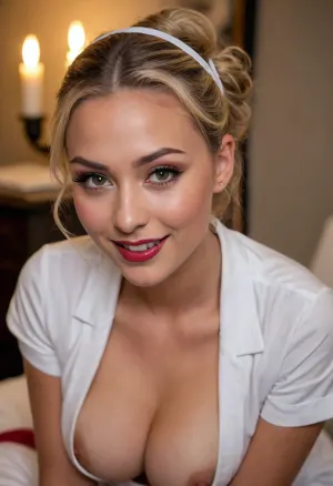 20 year old blond haired woman, deeply tanned brown skin, shy embarrassed smile, heavy eyelids, eyes downcast, eyes half closed, submissive, full dark red lips, prominent cupids bow lips, shiny lipgloss, hair in low messy bun, (eyeliner, winged eyeliner, detailed dark eyeshadow, flushed cheeks), nurse uniform, breasts out, nipples, breasts exposed, (candlelight), view from above, kneeling, douyin, makeup, highborn, pure, lust, golden, smoke, see, the, description, <lora:makeup_master_base_sdxl_v1:.8>