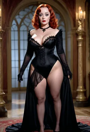 extreme curves, Carolyn Jones, as mortisha, ((very big pert breasts)), ((very wide hips)), wearing a black gothic gown, full body image