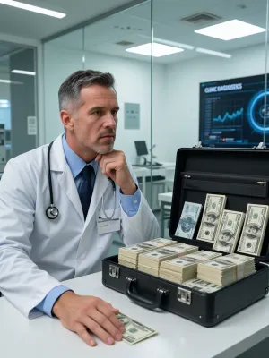 A photorealistic scene in a modern, high-tech private clinic, the clinic’s chief physician—a middle-aged man with short, graying hair, light stubble, and a pensive, serious expression—sits at a white desk wearing a white lab coat, beneath which a blue shirt and dark tie are visible. He wears a stethoscope around his neck and a name tag on his lab coat. The doctor gazes thoughtfully off into the distance as he counts the day’s revenue, his left hand under his chin and his right hand resting on the desk. Right in front of him on the desk stands a fully open black briefcase, filled to the brim with thick wads of U.S. dollars. The money is neatly arranged in even stacks, several wads lie inside the briefcase’s lid. Bright, clean lighting in a modern clinic, glass partitions, white walls, in the slightly blurred background, a large medical monitor displaying the words “CLINIC DIAGNOSTICS” and graphs. A sterile and upscale atmosphere. Highly detailed textures of the lab coat, skin, banknotes, and the case’s metal, realistic highlights, natural lighting from ceiling fixtures, cinematic lighting, photorealistic, ultra-detailed, masterpiece, best quality, sharp focus