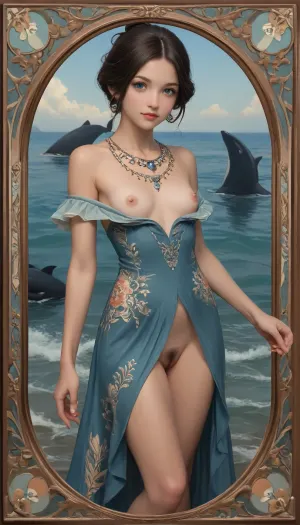 Art Nouveau style, waterbender from avatar airbender, Looks like a blue queen of the ocean, ((Art Nouveau ornament of dolphins, whales, turtles)), (((Sea themes))), (((blue eyes))), (((fins and spray))), intricate revealing tribal dress, small breasts with stiff nipples, beautiful, tan, slight smile, very high slit skirt revealing plump pussy and slight pubic hair