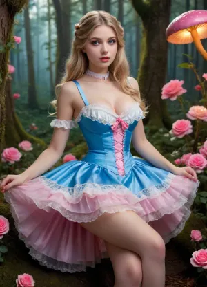 (masterpiece, best quality, photorealistic, ultra-detailed), 1girl, Alice Liddell, 18 y.o., sensual fantasy style, flowing golden blonde hair, sparkling blue eyes, glossy pink lips, tight blue dress pulled snug over large perky breasts, narrow corseted waist, hips visibly curving under layered skirt, thigh-high stockings with lace trim, seated on oversized mushroom, one leg crossed over the other, leaning slightly forward to reveal cleavage through open collar, playful smirk, teacups levitating nearby, glowing forest of candy vines and giant roses, soft magical glow on glossy skin, romantic wonderland mood, <lora:add-detail-xl:1.2>