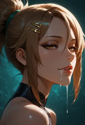 1girl, akali from KDA, hairclip, sidelocks tied back, solo, smiling, abstract background, aqua background, lips, looking at viewer, seductive, half-closed eyes, cum dripping from side of her mouth, <lora:SDXL high detailed. LoRA_SDXL_ARW_0010:1.5>, <lora:add-detail-xl:1.9>, <lora:dark:1.4>, <lora:Jeweled eyes-NAI:2>, <lora:SDXL Detail:1.3>