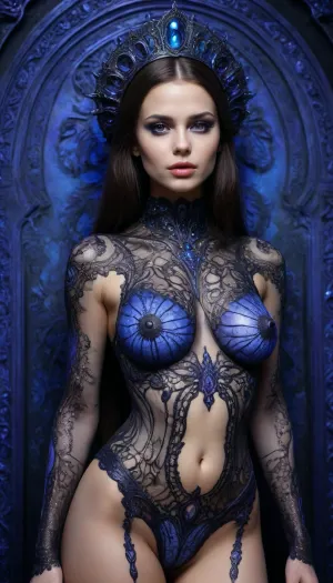 Russian naked beauty in national costume, lace filigree of bright, rich uv highlight color that glows under blacklight, (blacklight atmosphere and lighting), Super clear, highly detailed watercolor, glaze technique, plus colored alcohol ink, style of HR. Giger