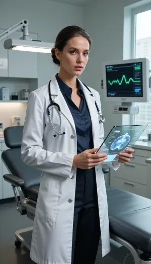 A deA deeply atmospheric, raw, and highly realistic cinematic photograph depicting the exact concept of "What does a doctor do in a modern clinic?". In the center of a pristine, high-end private clinical examination room, an exceptionally beautiful, elegant, and highly professional 30-year-old female doctor is actively conducting a complex medical diagnosis. Her posture is commanding, intellectual, and confident, exuding absolute authority and a subtle, magnetic charisma. She is captured in a medium shot, standing beside a state-of-the-art ergonomic patient examination table upholstered in sleek charcoal leather.

She has striking, symmetrical facial features, refined bone structure, captivating and highly intelligent dark eyes, and her hair is styled in a flawless, sophisticated professional updo. She wears a premium, tailored medical uniform, a pristine, perfectly fitted white laboratory coat with silver buttons that is sharply adjusted to her slender and graceful silhouette, worn over a dark, elegant silk button-up shirt which is subtly open at the collar, highlighting her graceful neck. A minimalist, sleek digital stethoscope with a matte finish is draped professionally around her neck.

Her hands are beautifully and anatomically drawn with perfect five-finger structure. With one hand, she is holding a sleek, transparent glass diagnostic tablet that displays glowing, high-definition medical charts, real-time patient biometrics, and complex anatomical lung scans. Her fingers are positioned naturally and realistically on the edges of the device. The screen of the tablet casts a soft, precise high-tech glow across her flawless skin, her lab coat, and her focused facial expression.

The background is unmistakably a premium medical clinic room, meticulously detailed to ensure absolute realism, it features seamless antibacterial flooring, minimalist matte-white cabinets housing neatly arranged sterile medical supplies, an advanced wall-mounted digital vitals monitor displaying glowing green and blue heart rate waveforms, and a modern, articulable surgical examination light folded neatly against the ceiling. There are no sci-fi fantasy elements, no random people, and no floating artifacts. The entire composition is captured with the razor-sharp precision of a high-budget contemporary drama, utilizing a professional 85mm lens. The lighting is a masterpiece of contrast, combining the soft, cool clinical light from the medical monitors with a warm, natural key light streaming from a large frosted-glass window, highlighting the rich, detailed textures of her skin, the fine fabric of her coat, and the brushed-metal surfaces of the clinical equipment. Captured with subtle film grain, realistic lens physics, and absolute anatomical accuracy.