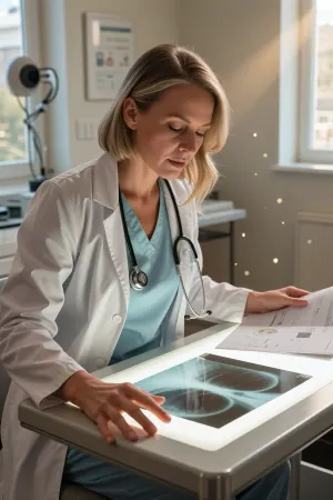 Peşəkar sənədli film üslubunda fotoşəkil — müasir, işıqlı klinikada çalışan qadın həkimin ultra-realist görüntüsü. O, zərif, minimalistik masada oturub, bir qədər irəli əyilərək işıq masası üzərindəki rentgeni diqqətlə nəzərdən keçirir və əllərində tibbi qeyd dəftəri tutur. O, peşəkar pastel-mavi bluzun üzərində qar kimi ağ laboratoriya xalatı geyinib. Boynunda həqiqi stetoskop asılıb. İsti, yumşaq gündüz işığı böyük pəncərədən süzülərək linzada demək olar ki, nəzərə çarpmayan parıltı yaradır və havadakı real toz hissəciklərini işıqlandırır. Onun duruşu təbii, ifadəsi cəmləşmiş, eyni zamanda mərhəmətlidir, bu, görüntünü autentik edir və empatiya oyadır. 35 mm obyektivlə f/2.8 diyaframda, səthi dərinlik az olan çəkiliş, həkimın üzünə və gözlərinə kəskin fokus, yumşaq bulanmış arxa planda yüksək detallı tibbi avadanlıq, kinematik işıqlandırma, ultra-realist dəri toxuması, 8K çözünürlük.