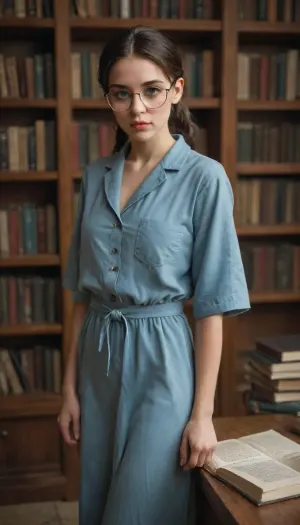 modest librarian with grey ponytails and round glasses, small nose, puffy lips, pointed chin, she wears a blue working robe on skinny bare body, she's looking as a simpleton but she has a very clever grey eyes, she's standing behind library counter surrounded by piles of books, they call her 'plain Jane' but she has cool boobies and she's not shy about showing them off