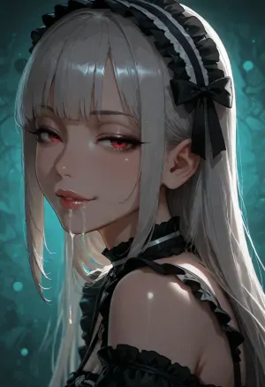 1girl, pastel gothic, sidelocks tied back, solo, smiling, abstract background, aqua background, lips, looking at viewer, seductive, half-closed eyes, cum dripping from side of her mouth, <lora:SDXL high detailed. LoRA_SDXL_ARW_0010:1.5>, <lora:add-detail-xl:1.9>, <lora:dark:1.4>, <lora:Jeweled eyes-NAI:2>, <lora:SDXL Detail:1.3>