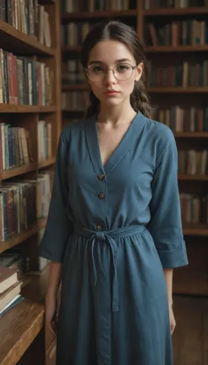 modest librarian with grey ponytails and round glasses, small nose, puffy lips, pointed chin, she wears a blue working robe on skinny bare body, she's looking as a simpleton but she has a very clever grey eyes, she's standing behind library counter surrounded by piles of books, they call her 'plain Jane' but she has cool boobies