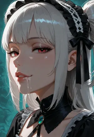 1girl, pastel gothic, sidelocks tied back, solo, smiling, abstract background, aqua background, lips, looking at viewer, seductive, half-closed eyes, cum dripping from side of her mouth, <lora:SDXL high detailed. LoRA_SDXL_ARW_0010:1.5>, <lora:add-detail-xl:1.9>, <lora:dark:1.4>, <lora:Jeweled eyes-NAI:2>, <lora:SDXL Detail:1.3>