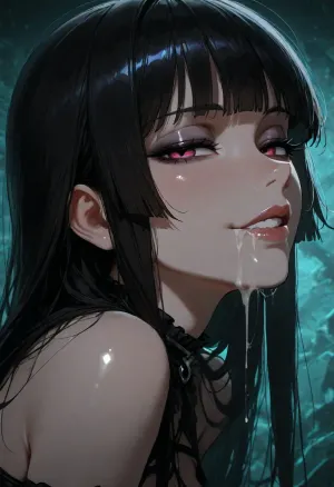 1girl, extreme goth girl, sidelocks tied back, solo, smiling, abstract background, aqua background, lips, looking at viewer, seductive, half-closed eyes, cum dripping from side of her mouth, <lora:SDXL high detailed. LoRA_SDXL_ARW_0010:1.5>, <lora:add-detail-xl:1.9>, <lora:dark:1.4>, <lora:Jeweled eyes-NAI:2>, <lora:SDXL Detail:1.3>