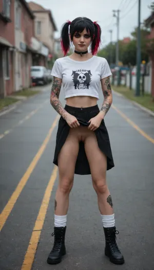 ((18 years old)), ((emo girl:1.9)), English, Beautiful, cute looking, smiling, eye contact, black hair, top pulled up to show breasts, pigtails, perfect firm breasts, long legs, athletic, legs spread wide, ((lifting skirt up to show pussy)), hairy pussy, tattoos, white socks, colorful skirt, choker, black Dr Martens boots, stood up, looking forward, front view, on a road, master piece, photo realistic, best quality