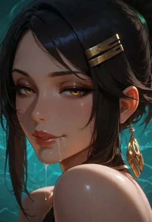 1girl, akali from KDA, hairclip, sidelocks tied back, solo, smiling, abstract background, aqua background, lips, looking at viewer, seductive, half-closed eyes, cum dripping from side of her mouth, <lora:SDXL high detailed. LoRA_SDXL_ARW_0010:1.5>, <lora:add-detail-xl:1.9>, <lora:dark:1.4>, <lora:Jeweled eyes-NAI:2>, <lora:SDXL Detail:1.3>