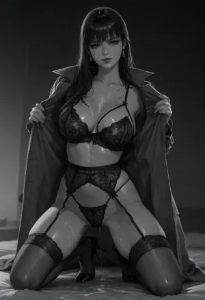 high quality, best quality, photorealistic art, realism, femme fatale, suggestive pose, not explicit, looking at viewer, lingerie under short trench coat, silk stockings, classic heels, 1950's vibe, slender figure, hourglass figure, medium breasts, greyscale, black and white, dramatic lighting, dark lighting, high contrast, modelling pose, <lora:add-detail-xl:2>, bukkake, cum, <lora:MS_Real_XL_Bukkake:.8>