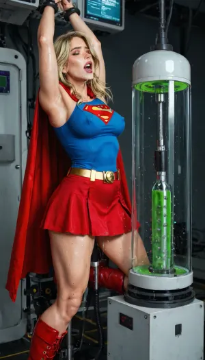 Supergirl, DC Extended Universe Supergirl movie costume, tight sky blue long sleeved top, red skirt, red boots, yellow belt, long red cape, a single S shaped emblem on the chest only, plain red panties, beautiful face, blue eyes, blonde hair, perfect body, perfect skin, medium bust, medium hips, erect nipples, face tilted upwards, (woman wide open mouth shouting in orgasm:1.3), (Japan Anime art style, ultra high detail, Highly detailed, HDR, high resolution:1.2), green light, green highlights, in spaceship lab, green lighting, green lighting machine, emits a green light, emits green light to women, single woman, big room, drained of strength, body sweating, profuse drooling, Extremely Drooling, Extremely Wet Sweaty, Female Exhausted Position, Female Detailed Drooling Think Saliva, (Dark, Empty Lit:1.2), in a big glass science tube, science lab, high tech lab, drooling, shaking, moaning, sex machine, fucking machine, science sex machine, machine restrained limbs, limbs stuck in machine, female restrained and by fucking machine with cock green dildo in her pussy, arms restrained, legs restrained, waist restrained, lots of love juice