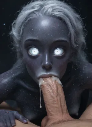 (cosmos body:1.7), (galaxy skin:2), (silver void eyes:1.8), (silver lipstick:1.5), shimmering hair, glowing hair, glistening hair, hourglass body, small breasts with erect nipples, Rolling eyes, ((white man with Huge dick)), 69 position, deepthroat, cum dripping from her nose, excessive cum, close up