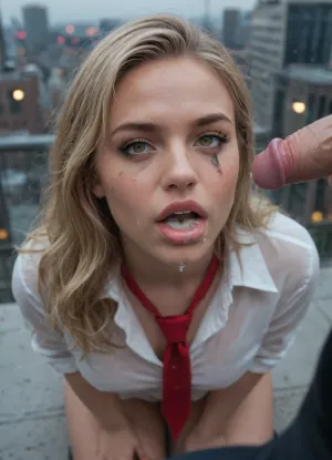 Dominant blonde girl with lots of freckles leaning over rooftop ledge on a high rise skyscraper building, open mouth showing cum, cum in mouth, cumshot, looking at camera, face only zoom, portrait, hyper-realistic, ultra realistic, face is wet, runny mascara, messy hair, night time, rainy, overlooking city, very dark setting, glare, extreme cum on face, business woman, extreme dark outside, wearing a man’s tie, hazel eyes, realistic cum, thin runny cum, bigger tits, tied up, bdsm, messier hair, hair sticking up, on knees giving blowjob, micropenis, small dick, tiny penis