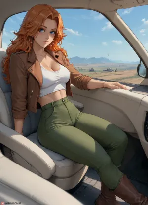 (((Melkor mancin mix markgavatino mix cutesexyrobutts style))), reiq style, masterpiece, super ultra detailed, super high resolution, (perfect small details, perfect quality, ultra perfect quality, perfect detailing), lora, add-detail-xl, (cockpit airplane:1.2), futuristic, perfect plane, view sky in background, view on montains, from sky, sky blue, beautiful lady, (freckles), big smile, curly hair, long hair, hyperdetailed, supermodel face, (Rangiku_matsumoto from bleach, long orange hair), 30years old, extremely tanned, ((tan lines:1.5)), gold hoop earrings, ankle bracelet, blushing, (intense blushing), elegant, athletic body, perfect long leg, perfect anatomy, perfect hands, perfect finger, high detail face, standing, clothed, long boots, brown boots, (military cloths:1.5), brown jacket, soldier, military force, (big weapon:1.2), rifle, big, (gun:1.2), assault rifle, military pants, colonel, army