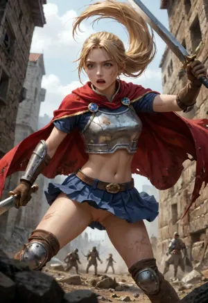 1girl, Rina Rupaage, The Unwanted Immortal Adventurer series, rinarupaage, blonde hair, very long ponytail, lot of hair, big ponytail, blue eyes, red cape, scrapped armor, gloves, midriff, pleated skirt, knee pads, jumping, strong dynamic fight stance, wielding dual swords, warry face, mouth opened, yelling, (bruises on face, bruises on arms, bruises on legs), sweaty skin, dust on skin, torn clothes, shaved pussy exposed, debris, in medieval ruins, sunny, side view, World of Warcraft esthetics, <lora:RinaRupaage_AnimagineXLV3-000045:.8>, brave, perspective, holding, sword, <lora:brave-perspective:.8>, <lora:肮脏环境-XL:.8>