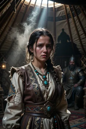 A portrait of a young woman from a nomadic steppe tribe—now a captive of a barbarian khan—shot in a medium shot inside a traditional felt yurt. She has long dark hair braided into a thick plait, sad, expressive eyes, her face reflects quiet despair, and there are visible traces of tears on her cheeks. She is dressed in her tribe’s traditional clothing, a light-colored embroidered linen shirt, torn in several places, over which she wears a long, ornamented leather vest. Around her waist is a wide, heavy belt with a large bronze buckle set with a large turquoise stone, around her neck is a necklace of turquoise stones.
She stands in the khan’s yurt as both a trophy and a captive, her expression one of despair and hidden resentment toward her situation.
The majestic silhouette of the barbarian khan, sitting in the shadows in the background—blurred yet distinct—creates a profound narrative tension. The dramatic, three-dimensional lighting features a powerful beam of light streaming down from above through a circular opening in the yurt’s ceiling. Bright, cinematic beams pierce the smoky air, creating a mystical atmosphere.
Strong overhead light brightly illuminates the girl’s face, shoulders, and jewelry, creating beautiful highlights on her face, skin, and turquoise, while the rest of the scene remains in deep, soft shadows. Warm, diffused light from the lantern adds subtle accents and depth, enhancing contrast and dimension. Ultra-realistic skin texture, ultra-detailed fabric, highly detailed rendering, and the highest quality—a masterpiece in high resolution.
