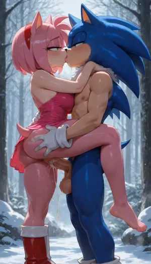 Amy Rose from the Sonic the hedgehog, anthro, Amy Rose's pink dress, she is wearing her pink dress on top, beatiful body, (her vagina is visible under her dress), nude from the bottom, (vagina), (Shaved pussy), winter forest, (very detailed winter surroundings), (very detailed steam winter breathing), Sonic the hedgehog, antrho, (Sonic the hedgehog have his white gloves), (Sonic the hedgehog have his boots), (Sonic the hedgehog body proportions), (Sonic the hedgehog overall appearance), (Sonic the hedgehog face), (Sonic the hedgehog quills), (Sonic the hedgehog ears), (Sonic the hedgehog eyes), Completely nude Sonic, big penis, big balls, Sonic the hedgehog is having a vaginal sex with Amy Rose, (standing front vaginal sex), cum, cum in vagina, excssive cum, (They are kissing), side view, (view from side), masterpiece, very detailed image, 4k image