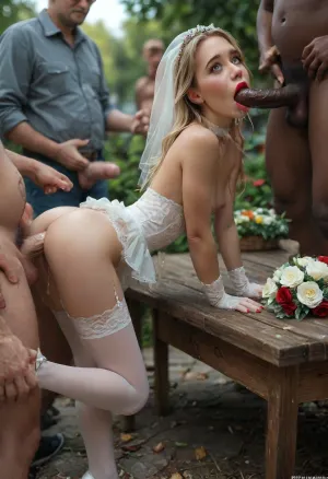 ((interracial)), beautiful youthful slim petite slender young blonde bride at wedding gangbang party in backyard, (outdoor in living public backyard:1.4), her Mom standing near and watching, full lips, blonde hair, shaggy, white choker, white roses headflowers, conservative white wedding dress, garter belt and white stockings, (white gloves to shoulders:1.2), white high heels, red lipstick, red nails, perfekt 5 fingers, flat chested, wedding bouquet, surprised, half-open mouth, standing, leg up, (bent over waist), sitting, (laying on her back on table), (deepthroat), blowjob, (anal fucked by old dirty homeless man), (gangbang:1.4), 4 huge cocks, (4rd person), (cum dripping from cock:1.7), anal sex, (doggy style anal sex), rough anal sex, bent over waist, very deep anal penetration, hard fucking, outdoors, wedding guests watching, crowd, late afternoon, realistic detailed face, realistic detailed hair, realistic detailed body, realistic detailed skin, realistic detailed very small breasts, realistic detailed very tight pussy, (High, Resolution), (More, Details), (8K), 4ng3l, face, detailxl, <lora:checkpoint-e100_s400:1.3>, <lora:add-detail-xl:1.5>, <lora:style_lora_realis:.5>, <lora:SDXL_BetterFaces-LoRA_v1:.8>, <lora:detailed_notrigger:1.5>