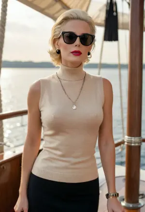 (masterpiece, best quality:1.2), 1 czech 40yo woman, high-society lady in a video clip, (she wears a beige high neck knitted vest, black pencil skirt and high heels:1.4), outdoors on board a luxurious sailing ship, short slicked-back platinum blonde hair, (retro styled with jewelry, earrings, bangles, mirrored retro sunglasses:1.4), brown eyes, photorealism, <lora:style_lora_realis:.5>, <lora:slicked-back_hair-000006:.5>