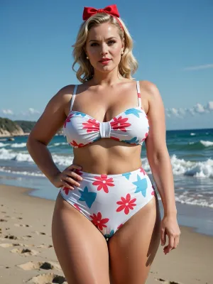 very attractive, very beautiful, buxom blonde standing on a beach, 1950s style bathing suit, ((1950s style pin up)), photorealistic, best quality, masterpiece