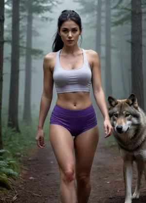 (masterpiece, best quality:1.2), photorealism, studio photo, UHD, 8k, beautiful serbian woman, 30 years old, half long black hair, ponytail, (dark glamour makeup), fit body, white crop top, violet spandex shorts, in a misty forest at daybreak, she looks around nervously, ((a large wolf creeping up on her from the fog behind her))