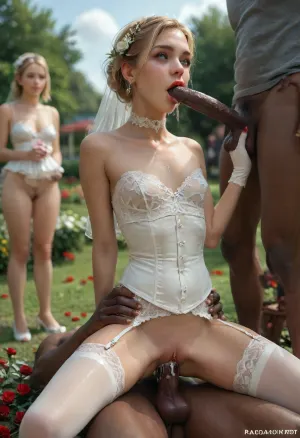 ((interracial)), beautiful youthful slim petite slender young blonde bride at wedding gangbang party in backyard, (outdoor in living public backyard:1.6), (people standing near and watching), full lips, blonde hair, shaggy, white choker, (white roses headflowers), conservative white wedding dress, (white lace top:1.2), white corset, garter belt and white stockings, perfect 2 legs, (flashing pussy), (white gloves to shoulders:1.2), white high heels, red lipstick, red nails, perfekt 5 fingers, (flat chested), wedding bouquet, surprised, half-open mouth, (ridding on 2cocks, double penetration and blowjob:1.4), (deepthroat), blowjob, (vaginal fucked by old priest), (gangbang:1.6), ((gangbanged by 4 huge cocks), (4rd person)), (cum dripping from cock:1.7), anal sex, vaginal sex, very deep penetration, hard fucking, outdoors, wedding guests watching, crowd, late afternoon, realistic detailed face, realistic detailed hair, realistic detailed body, realistic detailed skin, glance labia, realistic detailed very small breasts, realistic detailed very tight glance puffy micro pussy, (High, Resolution), (More, Details), (8K), 4ng3l, face, detailxl, <lora:checkpoint-e100_s400:1.3>, <lora:add-detail-xl:1.5>, <lora:style_lora_realis:.5>, <lora:SDXL_BetterFaces-LoRA_v1:.8>, <lora:detailed_notrigger:1.5>
