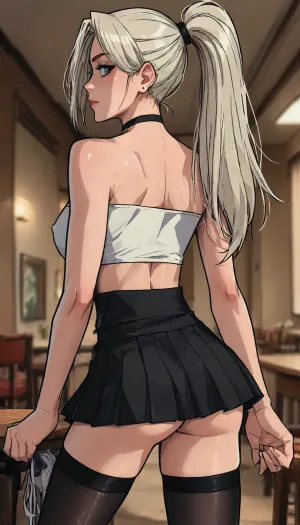 (1 girl solo), ((1 girl)), white hair, long hair ponytail, (big lips), ((Insanely hot skinny college student)), (sexy abs:1.2), (slight smile), (navel piercing), (low-waisted black micro skirt), (white strapless crop top), (white sneakers), (clubfoot:1.3), (athletic body:1), ((white pleated micro skirt)), ((rear view:1.8)), (hip gap:1.4), (club foot:1.3), (narrow waist:1.7), (erected nipples:1.2), ((perky medium tits)), (horny face), (black choker), (rounded ass), ((black stockings)), (garters), (long legs), (slutty outfit), ((Melkor mancin meet markgavatino style)), reiq style, ratatatat74, SamDoesArts, <lora:LCMTurboMix_Euler_A_fix:1.1>, <lora:ratatatat74-000050:1.8>, <lora:mk_Bp Anime_xl:1.2>, <lora:焦茶_XL:2>, <lora:SDXLSamDoesArts:1.6>
