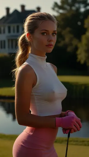 (masterpiece, best quality, ultra-detailed, photorealistic, 8k), a stunningly beautiful young Caucasian woman with a perfect hourglass figure posing on a lush green golf course. She has long, straight blonde hair pulled back into a tight, high ponytail. Her face is angelic, with high cheekbones, a sharp jawline, full, glossy pink lips, and mesmerizing light blue eyes looking up and to the side with a sultry, focused expression. She is wearing an extremely form-fitting, white, sleeveless mock-neck crop top made of thin, stretchy fabric. The top is so tight it clings to her skin like a second skin, accentuating her massive, perfectly round, and heavy breasts, she is clearly braless, as the distinct shape and outline of her hard, erect nipples are prominently visible, pressing hard against the fabric. Her outfit is completed with a very short, high-waisted, light grey pleated mini skirt that barely covers the top of her toned, sun-kissed thighs, highlighting her slim waist and the curve of her hips. Her skin is flawlessly tanned and has a slight, dewy sheen of sweat. She holds a bright pink golf club with both hands, her left hand covered by a matching pink golf glove. The background shows a clear, bright blue sky and the soft-focus view of a pond and a house in the distance. The lighting is that of a warm, golden hour sun, casting soft, flattering shadows and making her skin glow., braless, Wearing, clothes, that, make, sense, with, Braless>, <lora:bralessSDXL_v1_00022:.8>, <lora:MJ52:.8>