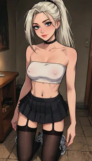 (1 girl solo), ((1 girl)), white hair, long hair ponytail, (big lips), ((Insanely hot skinny college student)), (sexy abs:1.2), (slight smile), (navel piercing), (low-waisted black micro skirt), (white strapless crop top), (white sneakers), (clubfoot:1.3), (athletic body:1), ((white pleated micro skirt)), (hip gap:1.4), (narrow waist:1.5), (erected nipples:1.3), ((perky medium tits)), (horny face), (black choker), (cleavage), (view from above:.8), ((black stockings)), (garters), long legs, (slutty outfit), ((Melkor mancin meet markgavatino style)), reiq style, ratatatat74, SamDoesArts, <lora:LCMTurboMix_Euler_A_fix:1.1>, <lora:ratatatat74-000050:1.8>, <lora:mk_Bp Anime_xl:1.2>, <lora:焦茶_XL:2>, <lora:SDXLSamDoesArts:1.6>