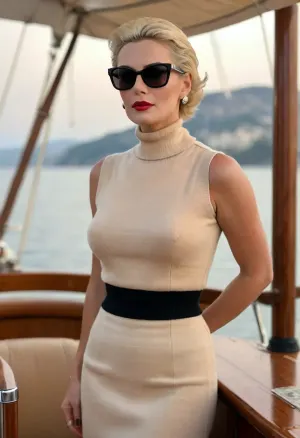 (masterpiece, best quality:1.2), 1 czech 40yo woman, high-society lady in a video clip, (she wears a beige high neck knitted vest, black pencil skirt and high heels:1.4), outdoors on board a luxurious sailing ship, short slicked-back platinum blonde hair, (retro styled with jewelry, earrings, bangles, mirrored retro sunglasses:1.4), brown eyes, photorealism, <lora:style_lora_realis:.5>, <lora:slicked-back_hair-000006:.5>