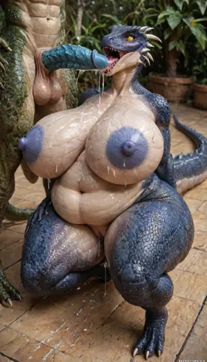 Outdoor background, FULL BODY, couple, 1male, 1 female, ((female scalie anthro argonian, open mouth, purple scales, wet vagina, (perfectly scaled up:1.1), massive saggy tits, very wide hips, thick thighs., ((massive tits, huge tits, floppy tits, thick protruding nipples, massive nipples, huge nipples, blue nipples)), ((wide, very wide hips, thick hips)), ((obese belly, bulges and sags, deep navel)), (((body covered in scales, defined body scales, purple scales, reptile scales, full body reptile scales, scales on breasts, more scales, excessive scales, scales))), super wide huge hips)), ((male scalie anthro argonian, argonian male, reptile scales, standing, male has blue scales, huge penis, dragon penis, scalie penis, penis covered in scales, reptile scales on penis, teal penis head, ridged erect penis)), (((male is standing, female sitting on the floor, female is on her knees))), blowjob, ((male is cumming on female, cum on face, extreme cum on tits, mouth full of cum, extreme cum in mouth, cum on belly)), (extreme ejaculation:1.9), (cum on tits:1.99), made, of, r3psp1k3s, reptile, skin, spines, huge, breasts, massive, <lora:r3psp1k3s:1.9>, <lora:LCMTurboMix_Euler_A_fix:1.5>, <lora:SDXL_MassiveCowsLoRA_v1:1.3>, sucking, cock, <lora:cockteaseLoRASDXL:.8>