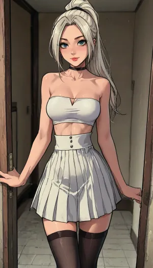 (1 girl solo), ((1 girl)), white hair, long hair ponytail, (big lips), ((Insanely hot skinny college student)), (sexy abs:1.2), (slight smile), (black micro skirt), (white strapless crop top), (white sneakers), (clubfoot:1.3), (athletic body:1), ((white pleated micro skirt)), (hip gap:1.4), (narrow waist:1.5), (erected nipples:1.1), ((perky medium tits)), (horny face), (black choker), (cleavage), (view from above:.8), ((black stockings)), garter belt, long legs, (slutty outfit), ((Melkor mancin meet markgavatino style)), reiq style, ratatatat74, SamDoesArts, <lora:LCMTurboMix_Euler_A_fix:1.1>, <lora:ratatatat74-000050:1.8>, <lora:mk_Bp Anime_xl:1.2>, <lora:焦茶_XL:2>, <lora:SDXLSamDoesArts:1.6>