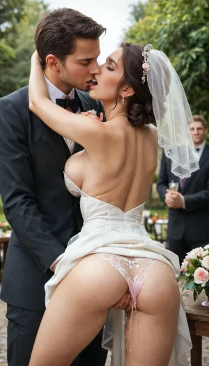 Outdoor wedding party, bride, pink bow, dancing between two men, holding flowers, big ass.she is bending forward, her arms on a table, wedding dress, Transparent dress, many Men in suits fingering her pussy from behind, groping, another man groping her breast, kissing her. She, screaming, crying, legs spread, panties pulled aside. Hairy, .8. View from back, transparent Fluid in her thighs.