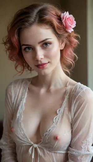 beautiful sexy slender young lady, hot sweaty pale white skin, kind soft, flirty eyes, flirty smirk smile, rough tangled rose hair, shear blouse, g-string, thigh